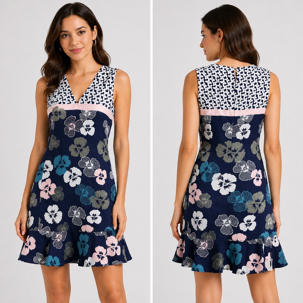 Karl Lagerfeld Paris Dress Womens 6 Navy Floral Sleeveless V Neck Ruffle Zip